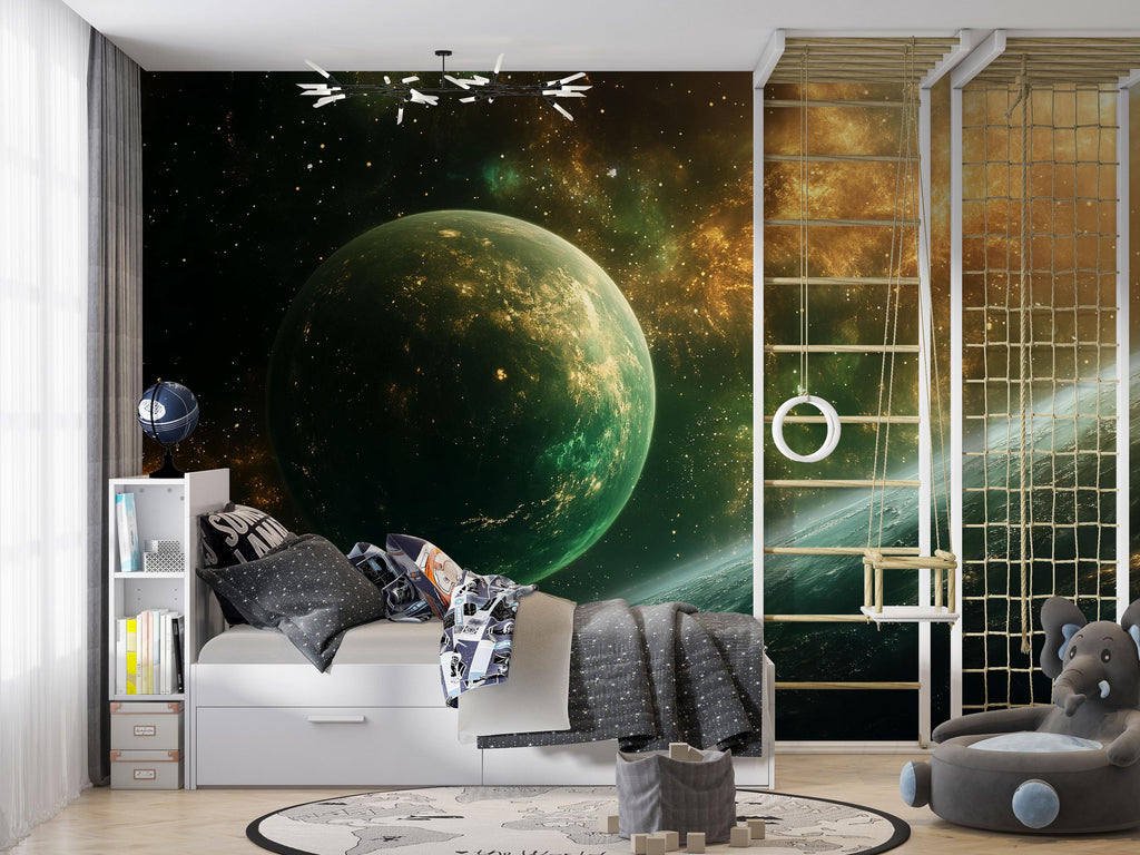 Green Galaxy Planet 3D Wallpaper | Outer Space Wall Mural For Kids Bedroom | Modern Bold Stylish Wall Decor Gift For Sci-Fi Lovers & Space