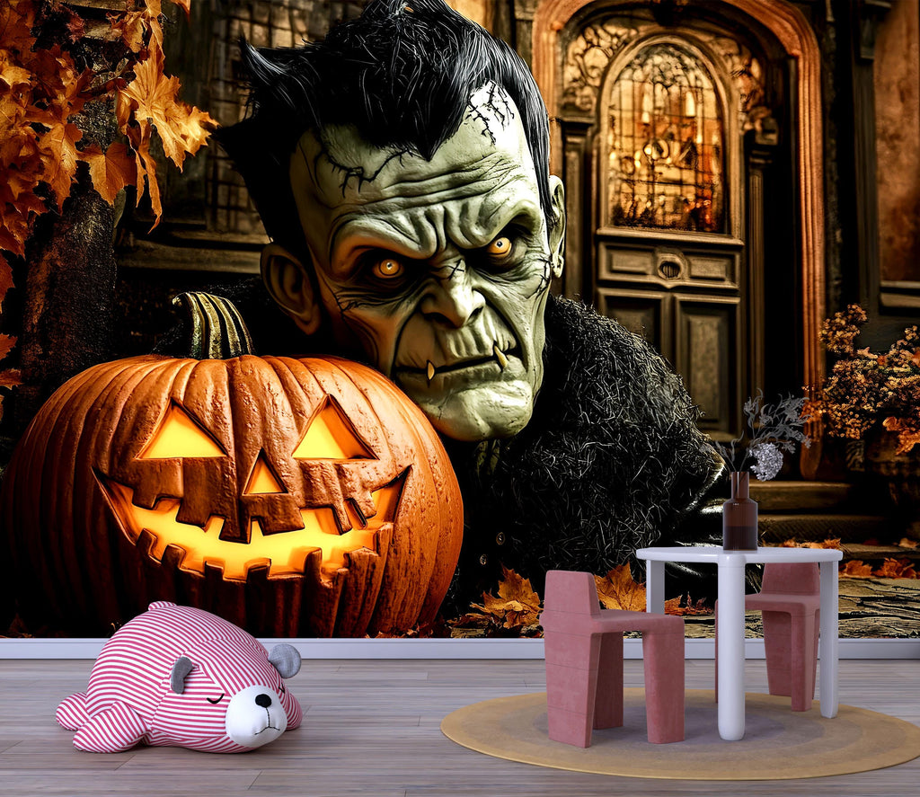 Frankenstein Halloween Wallpaper – 3D Jack-O’-Lantern Wall Mural Featuring Retro Monster with Glowing Pumpkin – Bold Spooky Fall Decor