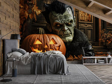 Load image into Gallery viewer, Frankenstein Halloween Wallpaper – 3D Jack-O’-Lantern Wall Mural Featuring Retro Monster with Glowing Pumpkin – Bold Spooky Fall Decor