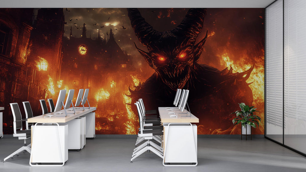 Demon Halloween Wallpaper – 3D Dark Fantasy Wall Mural with Fire & Monster Face – Bold Gothic Hellscape Art for Office, Studio