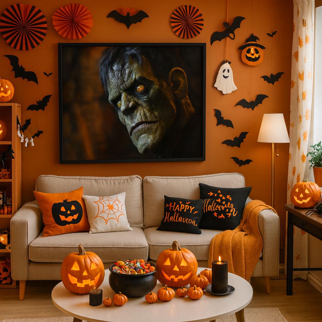 Frankenstein Monster Wallpaper – 3D Halloween Wall Mural with Scary Face Close-Up – Creepy Gothic Bedroom or Horror Decor for Haunted House