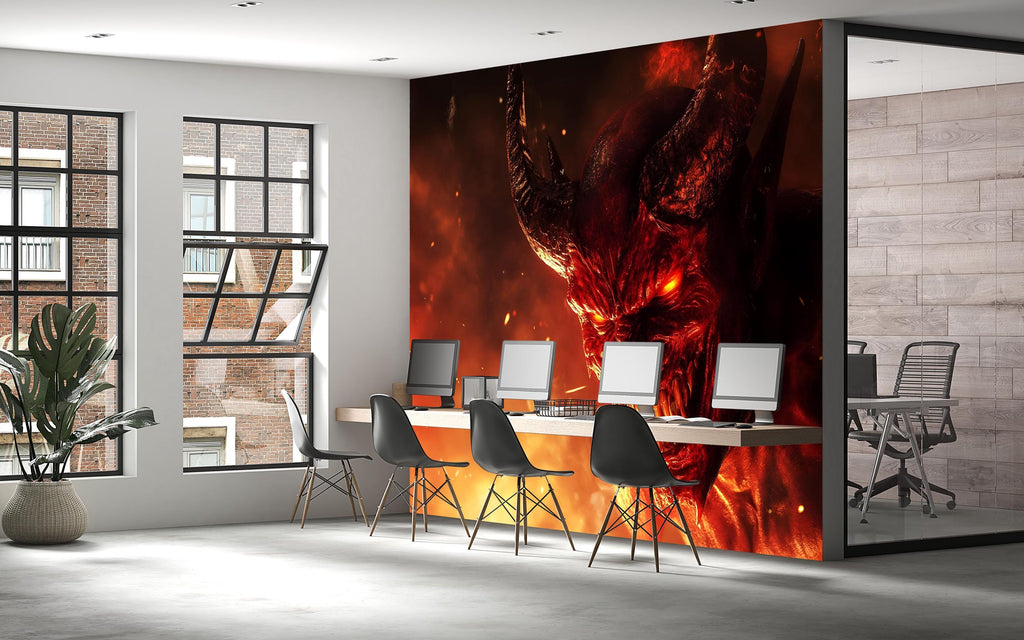 Demon Face 3D Wallpaper – Fiery Hell Wall Mural with Scary Monster for Game Room, Halloween Decor, Gothic Bedroom or Horror Gift – Epic Dark
