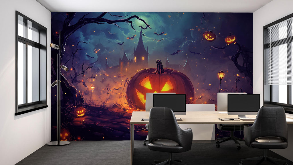Pumpkin Castle Halloween Wallpaper – Cozy Spooky Wall Mural for Kids Room, Living Room, or Holiday Party Decor – 3D Jack-o'-Lantern Night