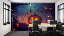 Load image into Gallery viewer, Pumpkin Castle Halloween Wallpaper – Cozy Spooky Wall Mural for Kids Room, Living Room, or Holiday Party Decor – 3D Jack-o'-Lantern Night