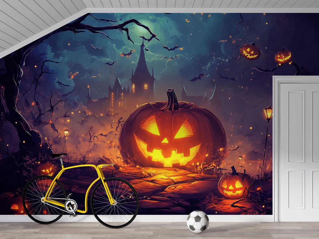 Pumpkin Castle Halloween Wallpaper – Cozy Spooky Wall Mural for Kids Room, Living Room, or Holiday Party Decor – 3D Jack-o'-Lantern Night