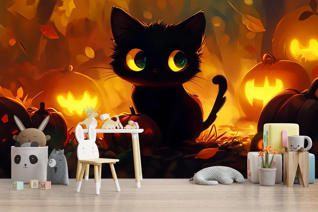Cute Halloween Black Cat Wallpaper – Glowing Jack-o'-Lanterns Fall Nursery Wall Mural – 3D Cozy Pumpkin Decor for Kids Room, Playroom