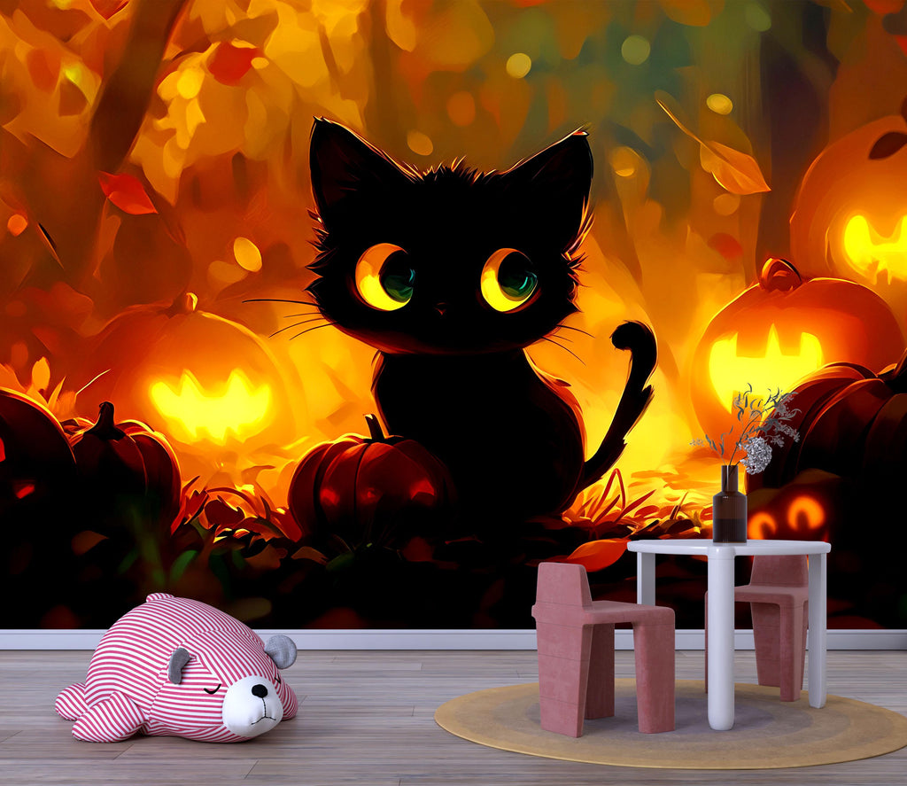 Cute Halloween Black Cat Wallpaper – Glowing Jack-o'-Lanterns Fall Nursery Wall Mural – 3D Cozy Pumpkin Decor for Kids Room, Playroom