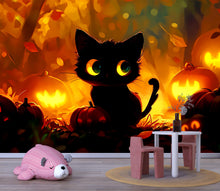 Load image into Gallery viewer, Cute Halloween Black Cat Wallpaper – Glowing Jack-o'-Lanterns Fall Nursery Wall Mural – 3D Cozy Pumpkin Decor for Kids Room, Playroom