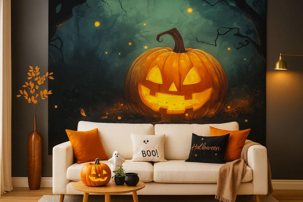 Smiling Jack-O’-Lantern Halloween Wallpaper – Cozy 3D Pumpkin Wall Mural for Fall Living Room Decor Stylish Spooky Interior Gift for Holiday