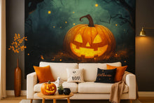 Load image into Gallery viewer, Smiling Jack-O’-Lantern Halloween Wallpaper – Cozy 3D Pumpkin Wall Mural for Fall Living Room Decor Stylish Spooky Interior Gift for Holiday