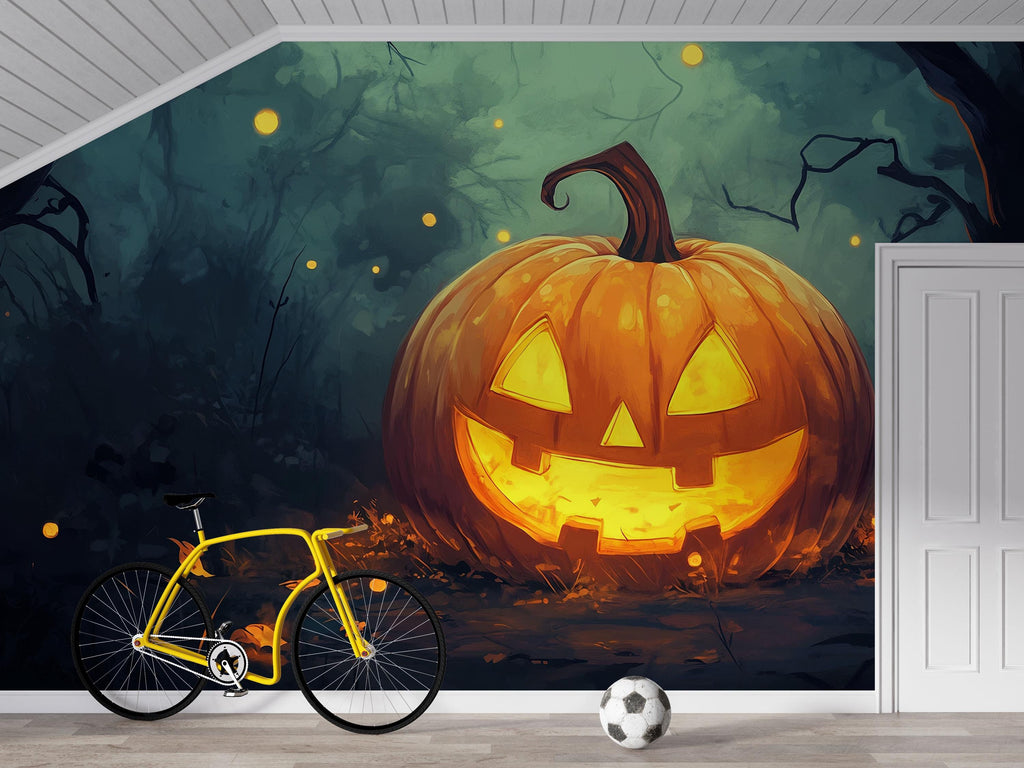 Smiling Jack-O’-Lantern Halloween Wallpaper – Cozy 3D Pumpkin Wall Mural for Fall Living Room Decor Stylish Spooky Interior Gift for Holiday