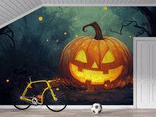Load image into Gallery viewer, Smiling Jack-O’-Lantern Halloween Wallpaper – Cozy 3D Pumpkin Wall Mural for Fall Living Room Decor Stylish Spooky Interior Gift for Holiday