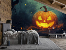Load image into Gallery viewer, Smiling Jack-O’-Lantern Halloween Wallpaper – Cozy 3D Pumpkin Wall Mural for Fall Living Room Decor Stylish Spooky Interior Gift for Holiday
