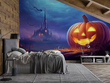 Load image into Gallery viewer, Giant Pumpkin &amp; Haunted Castle Halloween Wallpaper – 3D Spooky Jack-O’-Lantern Wall Mural for Bedroom or Living Room – Stylish Holiday Decor