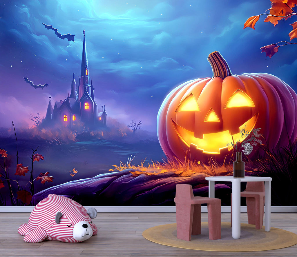 Giant Pumpkin & Haunted Castle Halloween Wallpaper – 3D Spooky Jack-O’-Lantern Wall Mural for Bedroom or Living Room – Stylish Holiday Decor
