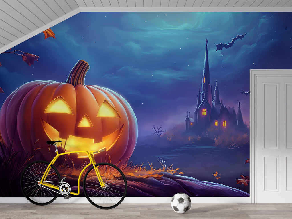 Giant Pumpkin & Haunted Castle Halloween Wallpaper – 3D Spooky Jack-O’-Lantern Wall Mural for Bedroom or Living Room – Stylish Holiday Decor