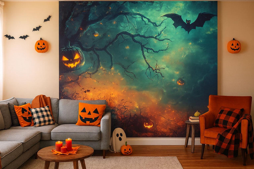 Dark Forest Halloween Wallpaper With Glowing Pumpkins & Flying Bat – 3D Jack-O’-Lantern Wall Mural For Office, Home, Party Backdrop