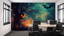 Load image into Gallery viewer, Dark Forest Halloween Wallpaper With Glowing Pumpkins &amp; Flying Bat – 3D Jack-O’-Lantern Wall Mural For Office, Home, Party Backdrop