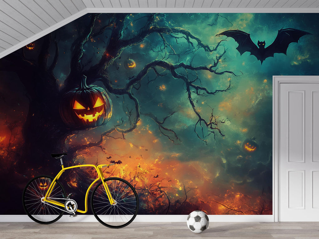 Dark Forest Halloween Wallpaper With Glowing Pumpkins & Flying Bat – 3D Jack-O’-Lantern Wall Mural For Office, Home, Party Backdrop