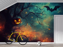 Load image into Gallery viewer, Dark Forest Halloween Wallpaper With Glowing Pumpkins &amp; Flying Bat – 3D Jack-O’-Lantern Wall Mural For Office, Home, Party Backdrop
