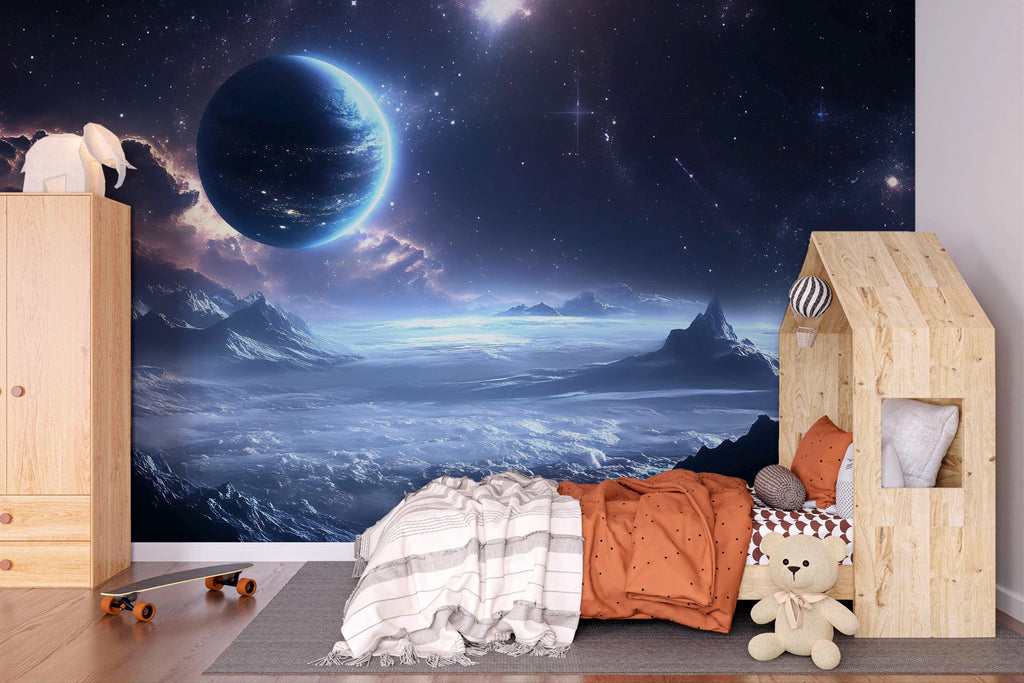 Galaxy Planet 3D Wallpaper For Kids Room | Outer Space Wall Mural | Modern Boys Bedroom Decor | Stylish Cosmic Wall Art | Astronomy Gift