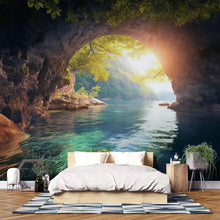 Load image into Gallery viewer, Rustic Cave Arch Sunset View 3D Wallpaper, Nature Wall Mural with Lake and Mountains, Rustic Bedroom Decor, Bold Modern Wall Art Gift Idea