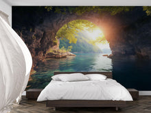 Load image into Gallery viewer, Rustic Cave Arch Sunset View 3D Wallpaper, Nature Wall Mural with Lake and Mountains, Rustic Bedroom Decor, Bold Modern Wall Art Gift Idea