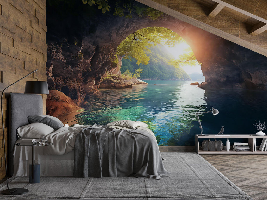 Rustic Cave Arch Sunset View 3D Wallpaper, Nature Wall Mural with Lake and Mountains, Rustic Bedroom Decor, Bold Modern Wall Art Gift Idea