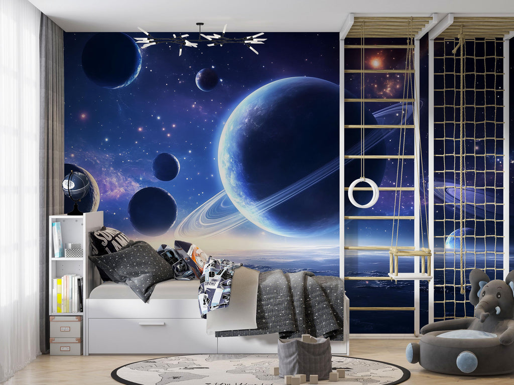 3D Space Planets Wallpaper For Bedroom Living Room Kids Room | Modern Galaxy Wall Mural Bold Stylish Wall Decor | Outer Space Astronomy Gift