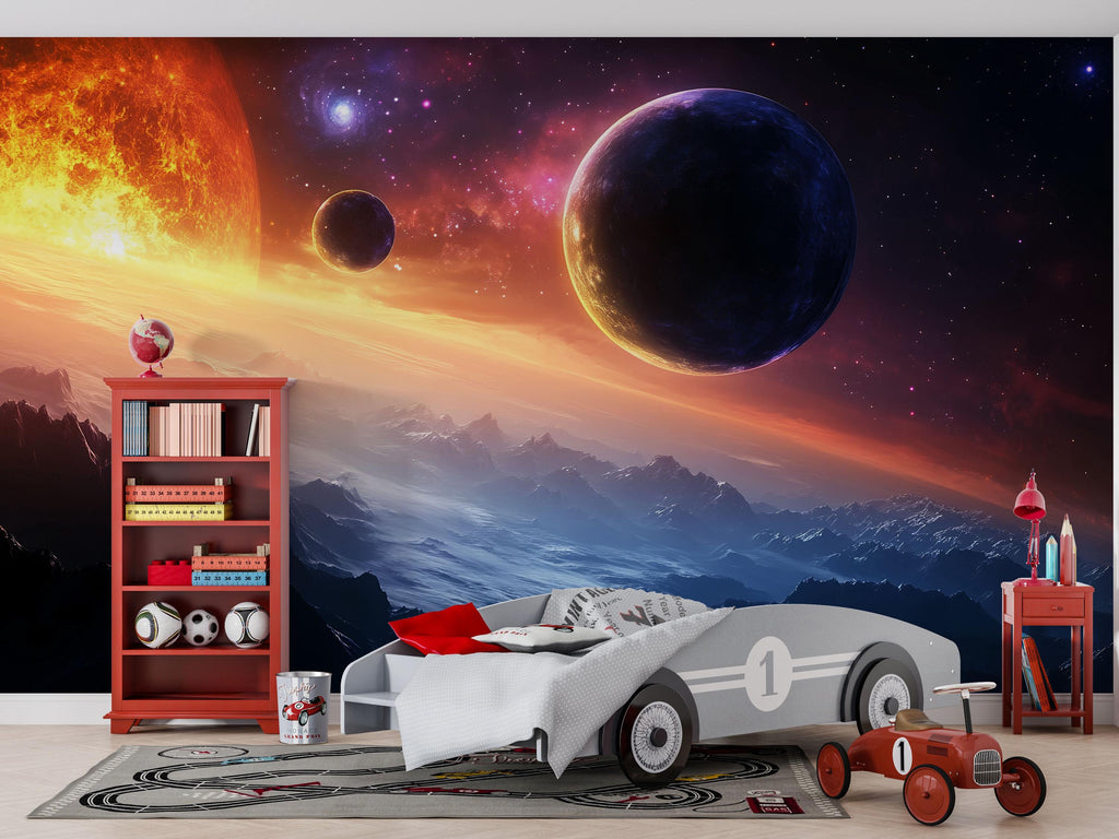 Galaxy Planets Space 3D Wallpaper Mural For Bedroom Living Room Kids Room Decor – Cosmic Outer Space Wall Art Stylish Modern Bold Home