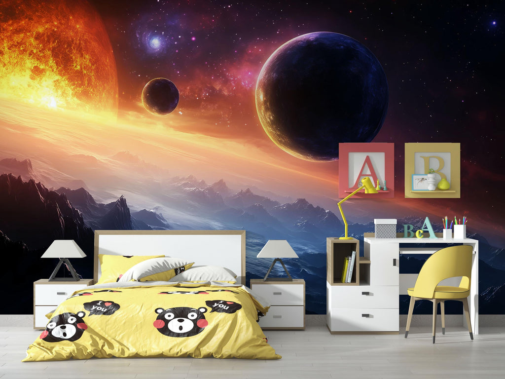 Galaxy Planets Space 3D Wallpaper Mural For Bedroom Living Room Kids Room Decor – Cosmic Outer Space Wall Art Stylish Modern Bold Home
