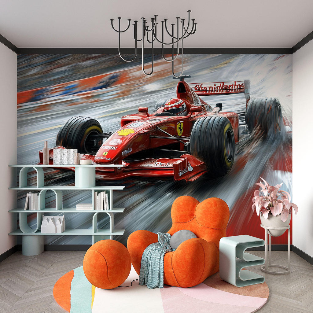 Formula 1 Racing Car 3D Wallpaper Mural | Boys Room Wall Decor | Modern Bold Sports Car Wall Art | Kids Bedroom Gift | Stylish Racing Wall