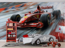 Load image into Gallery viewer, Formula 1 Racing Car 3D Wallpaper Mural | Boys Room Wall Decor | Modern Bold Sports Car Wall Art | Kids Bedroom Gift | Stylish Racing Wall