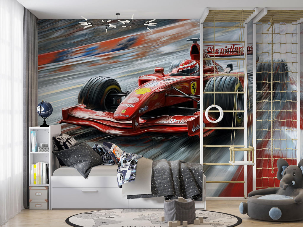 Formula 1 Racing Car 3D Wallpaper Mural | Boys Room Wall Decor | Modern Bold Sports Car Wall Art | Kids Bedroom Gift | Stylish Racing Wall