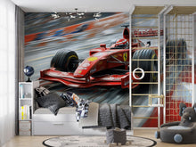 Load image into Gallery viewer, Formula 1 Racing Car 3D Wallpaper Mural | Boys Room Wall Decor | Modern Bold Sports Car Wall Art | Kids Bedroom Gift | Stylish Racing Wall