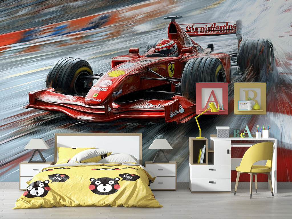 Formula 1 Racing Car 3D Wallpaper Mural | Boys Room Wall Decor | Modern Bold Sports Car Wall Art | Kids Bedroom Gift | Stylish Racing Wall