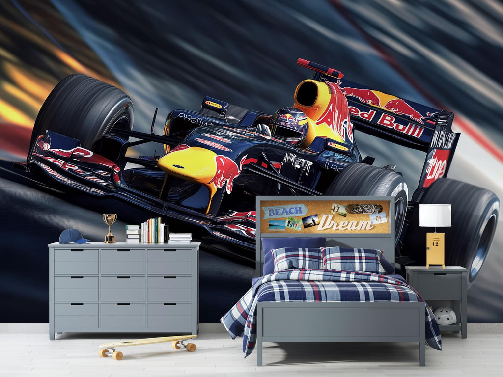 Formula 1 Racing Car 3D Wallpaper For Boys Bedroom | Sports Car Wall Mural | Formula 1 Racing Car Wallpaper | Modern Bold Stylish Wall Decor