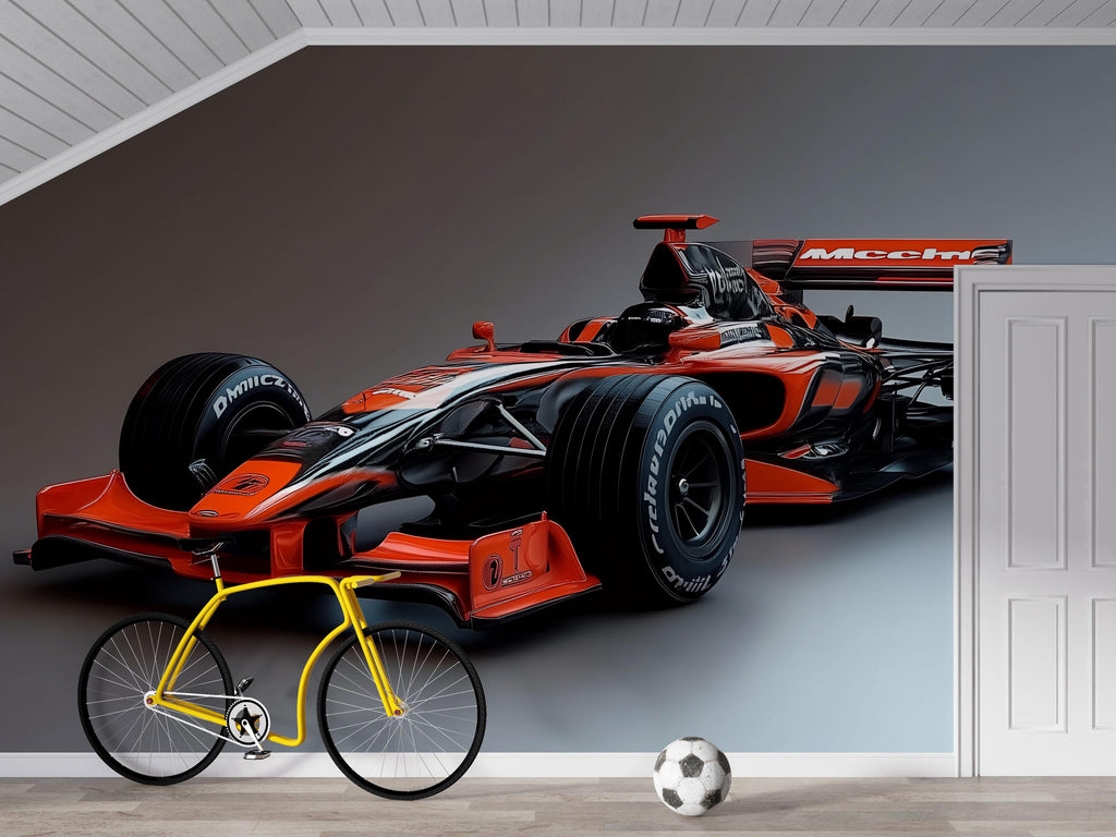 Formula 1 Racing Car 3D Wallpaper Mural – Modern Bold Wall Decor for Kids Room, Boys Bedroom, Playroom, Stylish Motorsport Gift, Removable