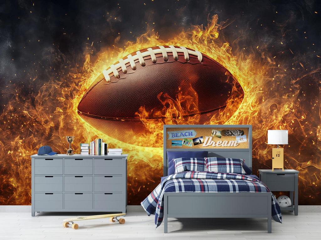 Flaming Football 3D Wallpaper Sports Wall Mural | Modern Bold Wall Decor for Game Room, Boys Bedroom, Teen Room, Sports Fan Gift, Stylish