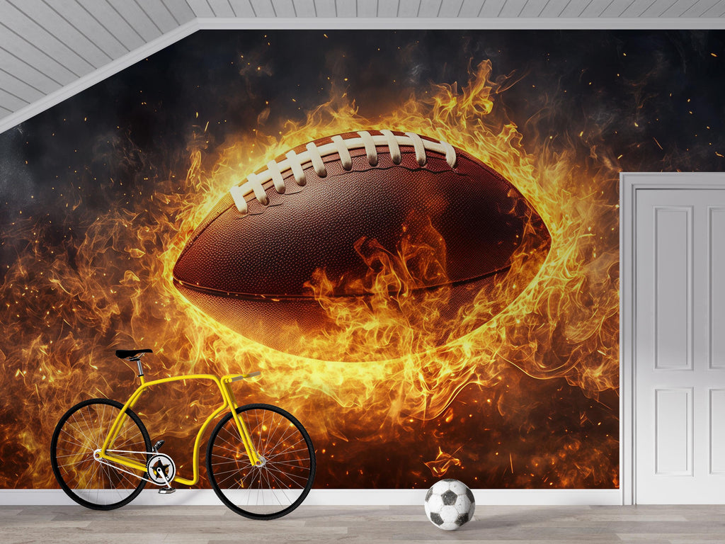 Flaming Football 3D Wallpaper Sports Wall Mural | Modern Bold Wall Decor for Game Room, Boys Bedroom, Teen Room, Sports Fan Gift, Stylish