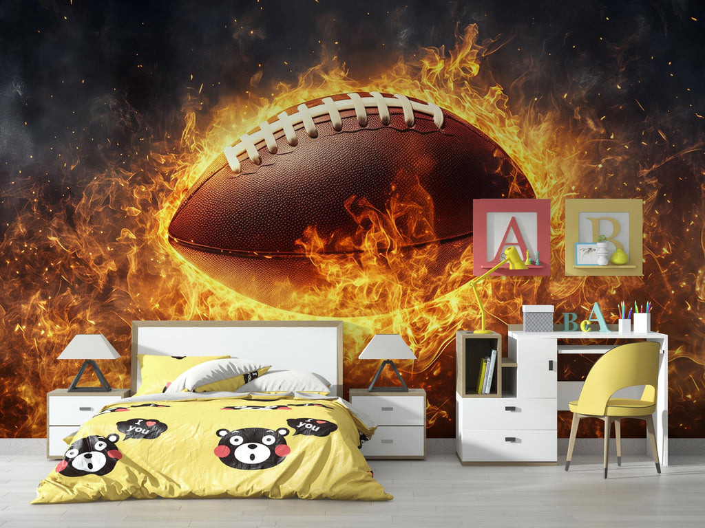 Flaming Football 3D Wallpaper Sports Wall Mural | Modern Bold Wall Decor for Game Room, Boys Bedroom, Teen Room, Sports Fan Gift, Stylish