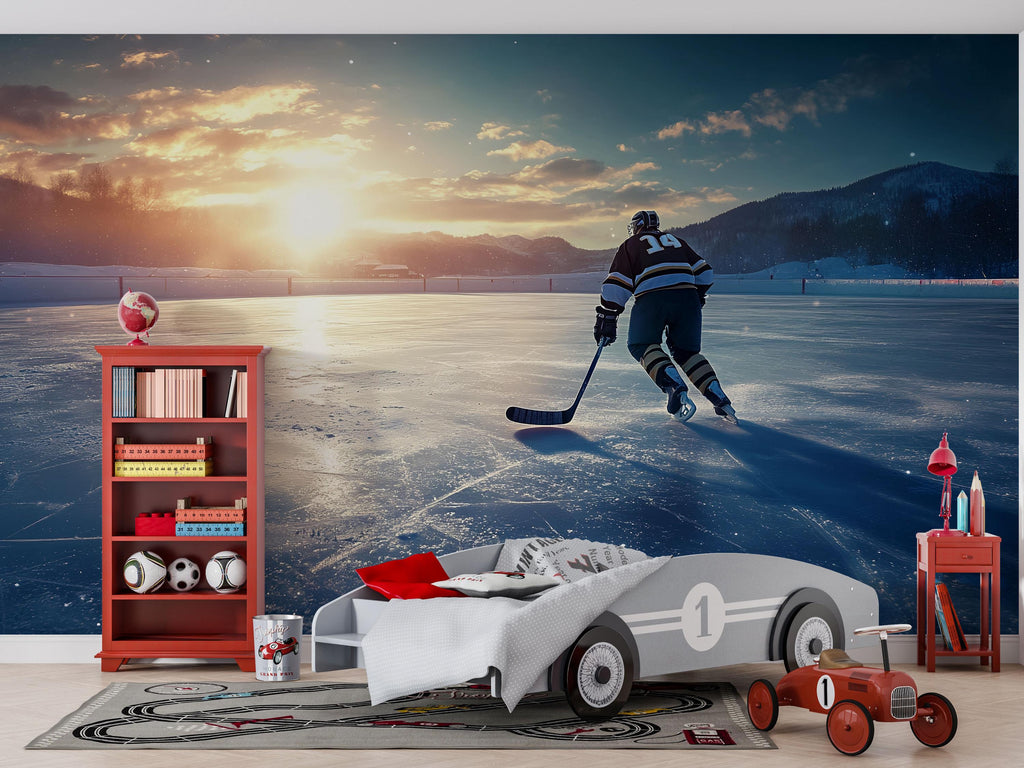 Ice Hockey Wall Mural Wallpaper | 3D Sports Room Decor | Boys Bedroom Hockey Rink Wall Art | Modern Bold Wallpaper Gift for Hockey Fans