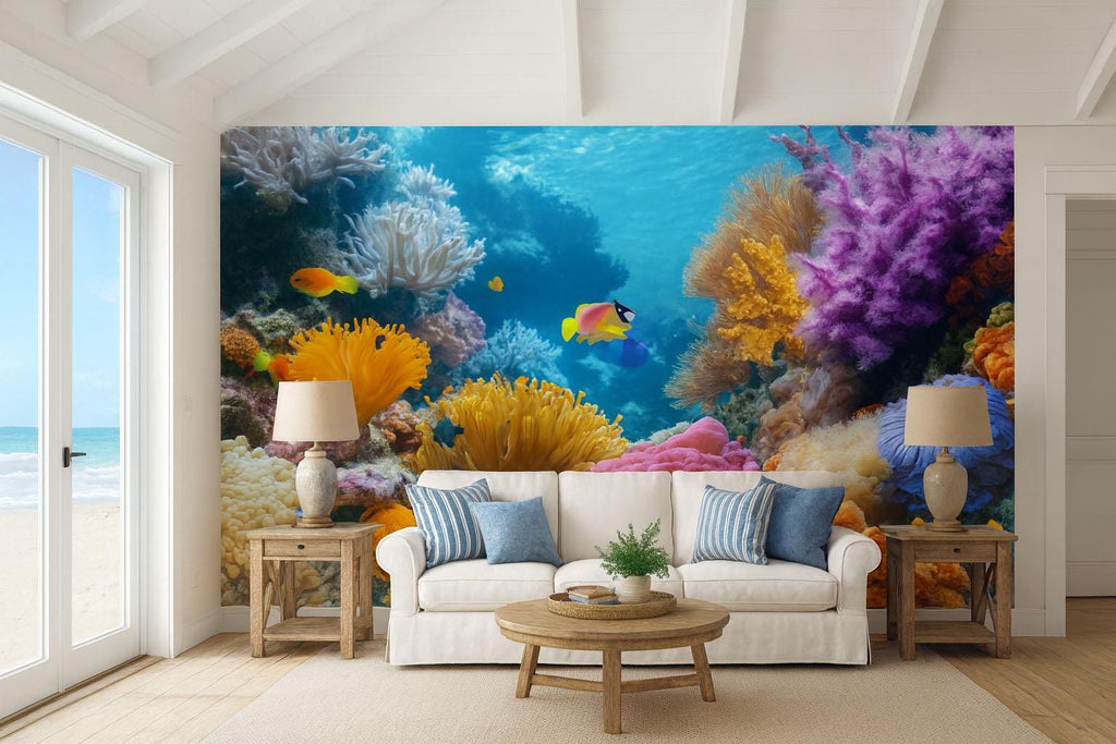 3D Coral Reef Wallpaper For Beach House – Ocean Scene Wall Mural With Tropical Fish & Colorful Coral – Nautical Underwater Decor