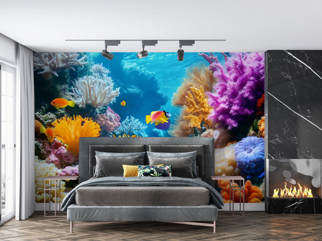3D Coral Reef Wallpaper For Beach House – Ocean Scene Wall Mural With Tropical Fish & Colorful Coral – Nautical Underwater Decor