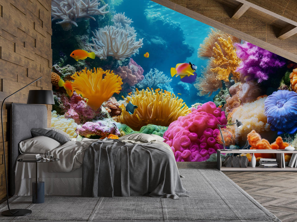 3D Coral Reef Wallpaper For Beach House – Ocean Scene Wall Mural With Tropical Fish & Colorful Coral – Nautical Underwater Decor