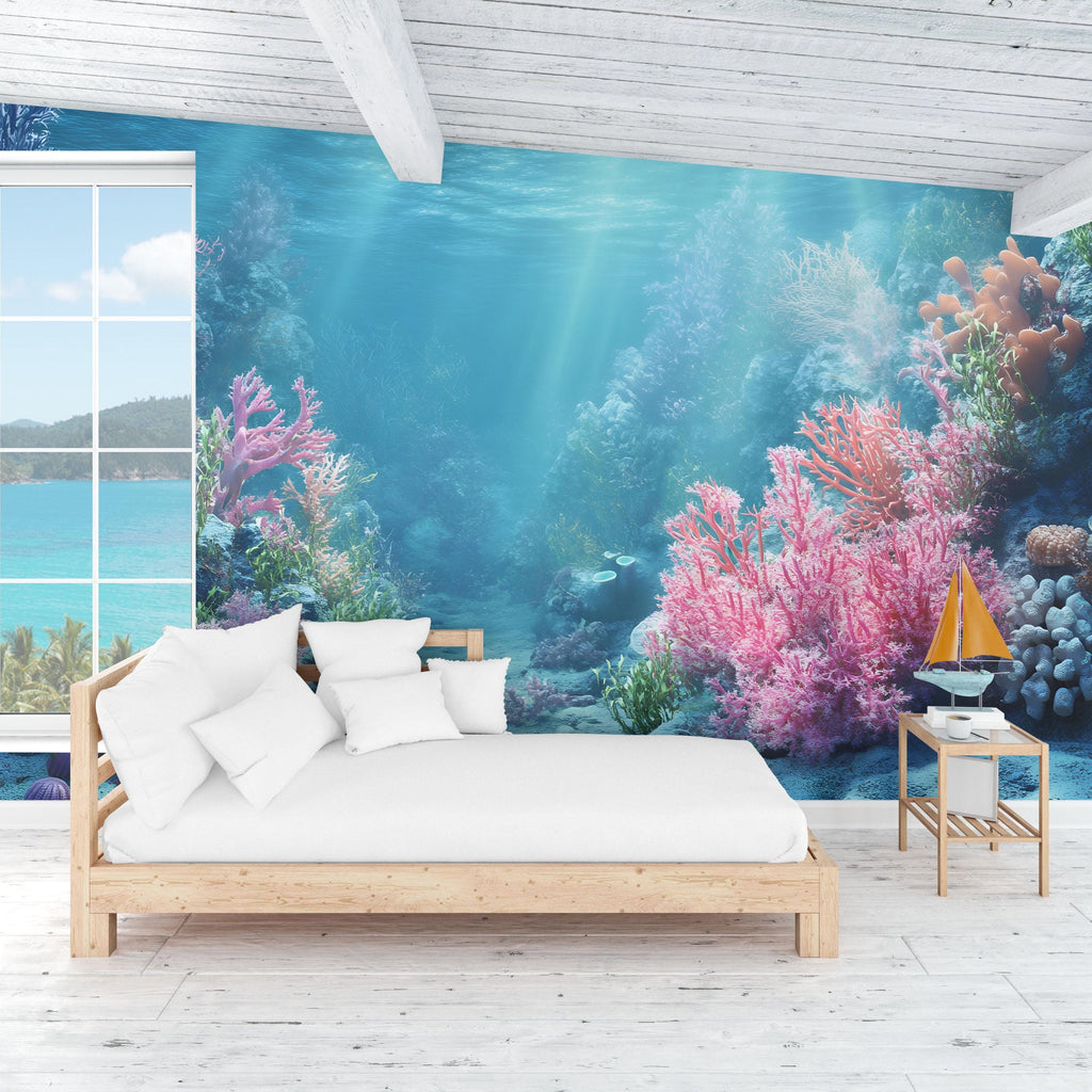 Realistic Underwater Coral Reef Wallpaper For Beach House | 3D Ocean Scene Wall Mural For Coastal Nautical Living Room Or Bedroom