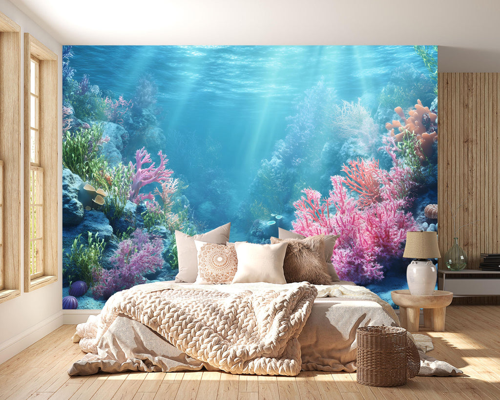 Realistic Underwater Coral Reef Wallpaper For Beach House | 3D Ocean Scene Wall Mural For Coastal Nautical Living Room Or Bedroom