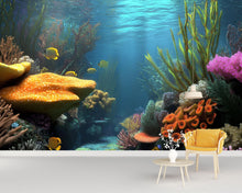 Load image into Gallery viewer, 3D Underwater Coral Reef Wallpaper For Beach House Bedroom | Ocean Scene Mural With Colorful Sea Life | Tropical Nautical Wall Art