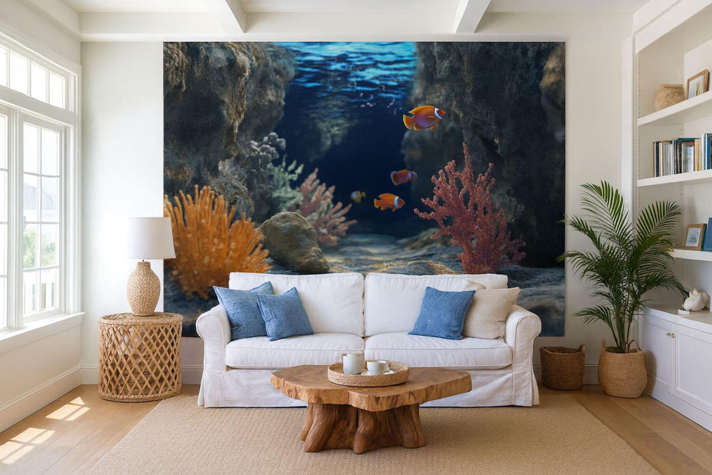3D Coral Reef Cave Wallpaper For Beach House Bedroom | Underwater Ocean Fish Mural | Tropical Nautical Wall Art | Stylish Coastal Decor