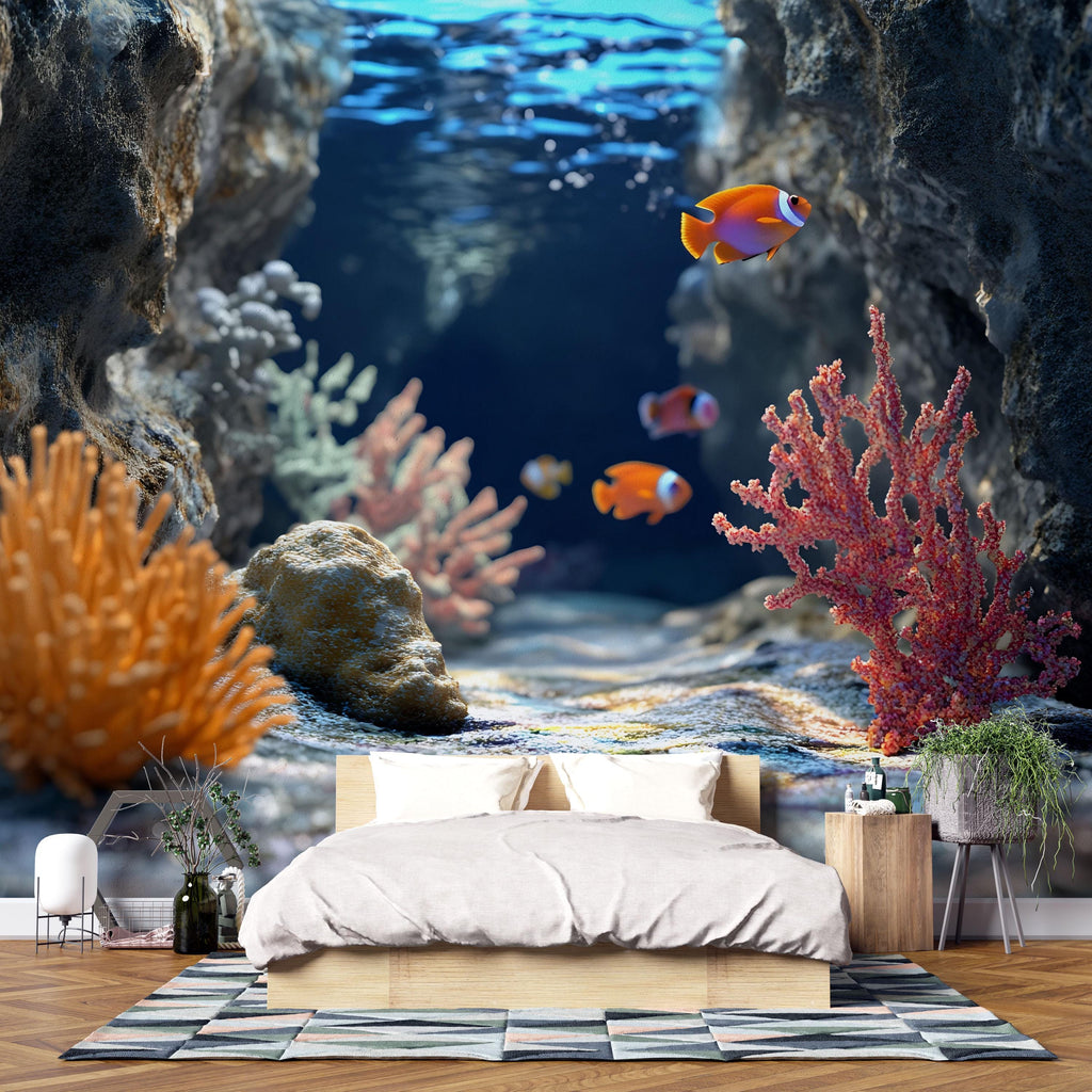 3D Coral Reef Cave Wallpaper For Beach House Bedroom | Underwater Ocean Fish Mural | Tropical Nautical Wall Art | Stylish Coastal Decor